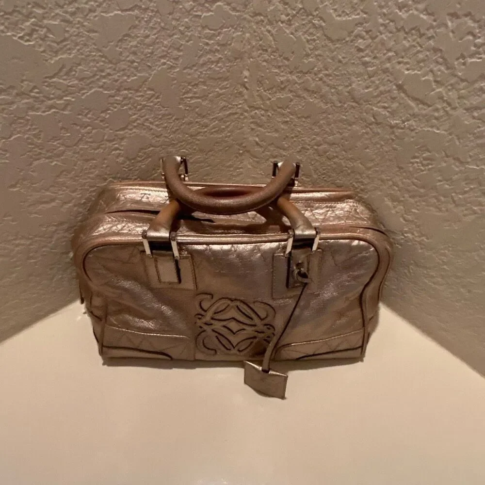 Loewe Amazona 28 Top Handle Handbag Metallic Gold Leather Bold Purse